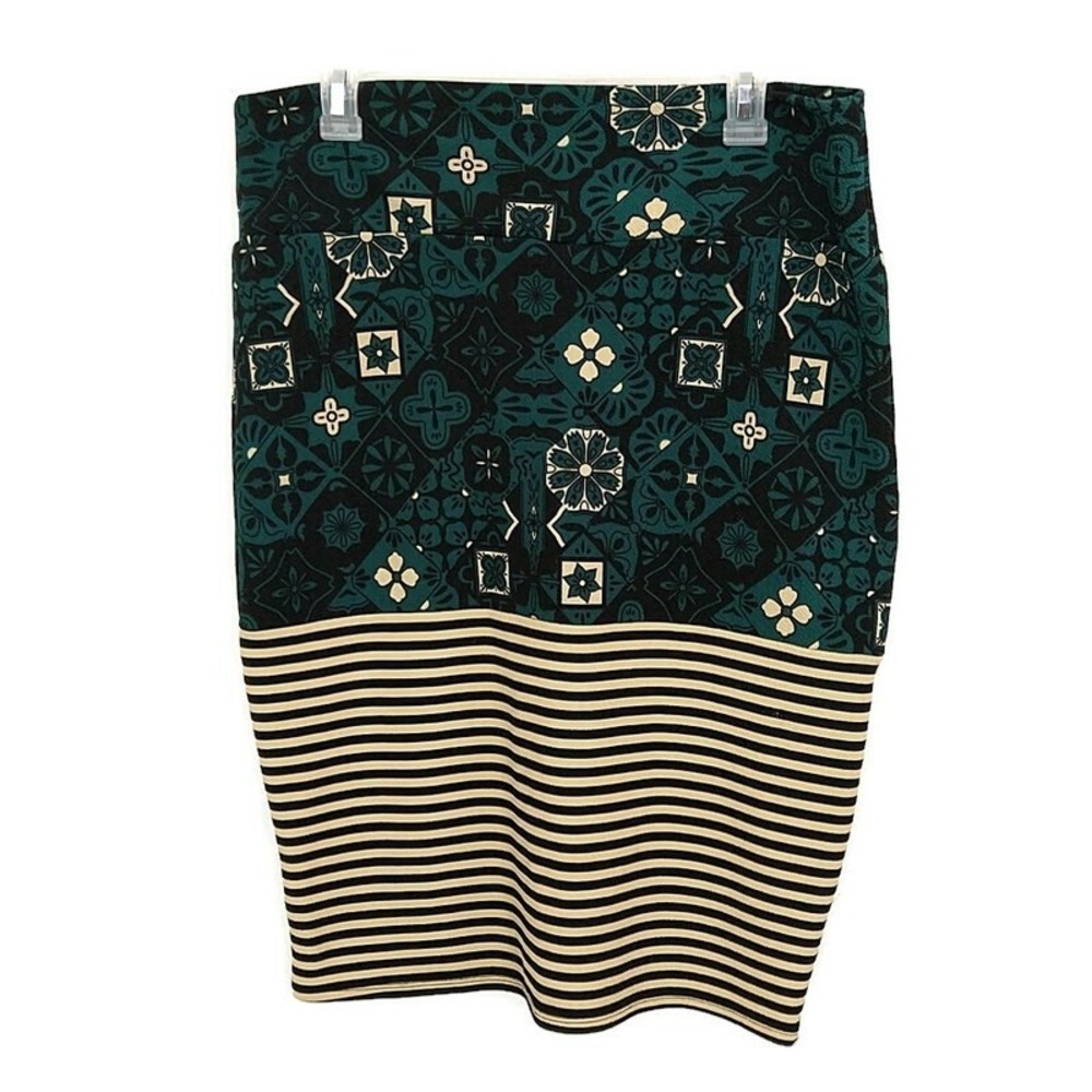LuLaRoe‎ Cassie Skirt Womens XL Teal Black Mixed Print Geometric Striped Pencil
